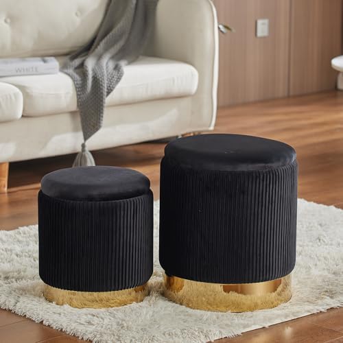 Round Ottoman with Storage Set of 2 Black Velvet Vanity Stool