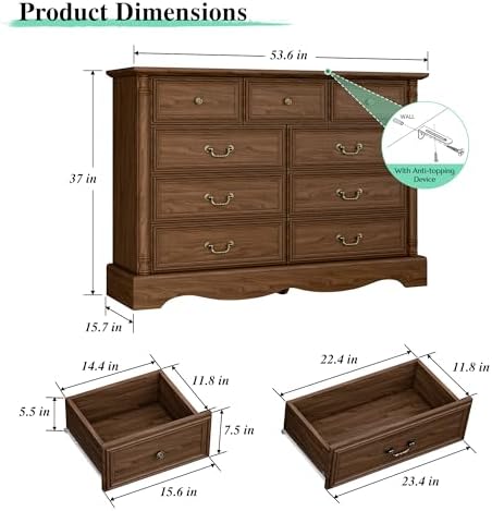 Farmhouse 9-Drawer Dresser with Charging Station for Bedroom