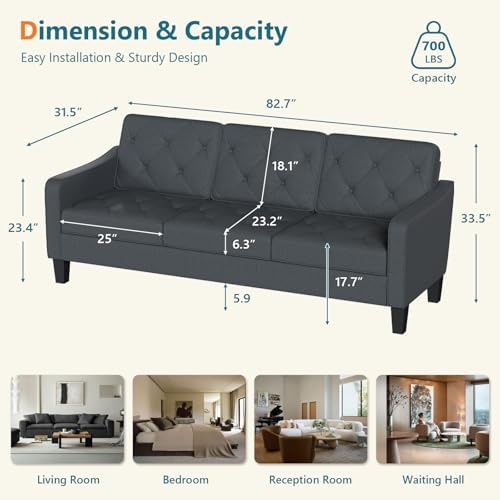 3-Piece Dark Grey Fabric Sofa Set, 2 Accent Chairs & 3 Seater Couch, Tufted