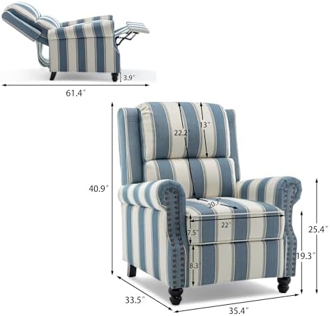 Pushback Recliner Chair, Fabric Wingback Recliner, Navy Stripe