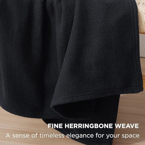 Bedsure 100% Cotton Blanket, Herringbone Weave, Queen Size, Black