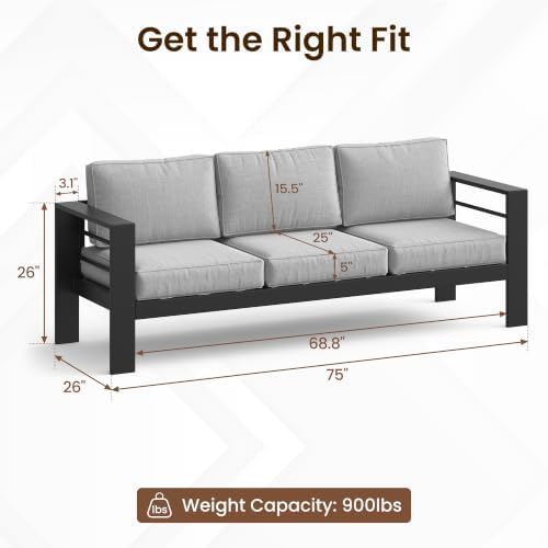 Kiss the Water 3 Seats Aluminum Outdoor Patio Sofa Set, All Weather Rust-Proo...