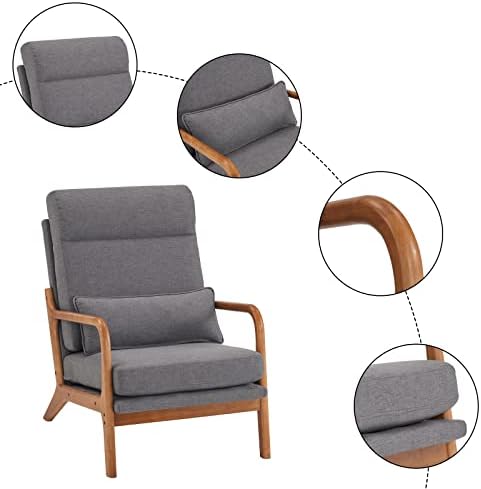 Bonnlo High Back Linen Dark Grey Mid Century Modern Accent Chair, Soild Wood ...