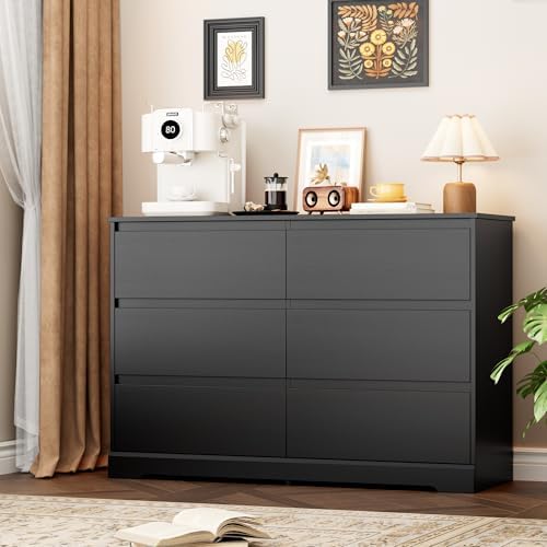 FOTOSOK Black Dresser for Bedroom, Modern 6 Drawer Double Dresser