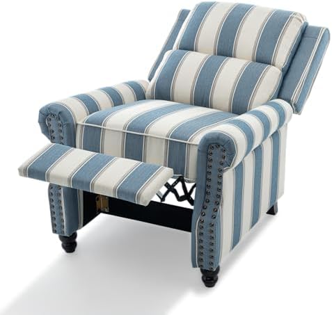 Pushback Recliner Chair, Fabric Wingback Recliner, Navy Stripe