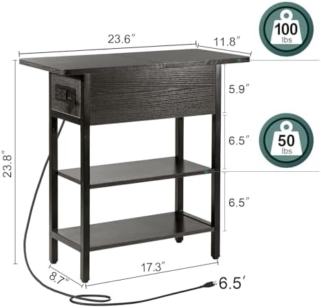 Yoobure End Table with Charging Station, Flip Top Side Table with USB Ports a...