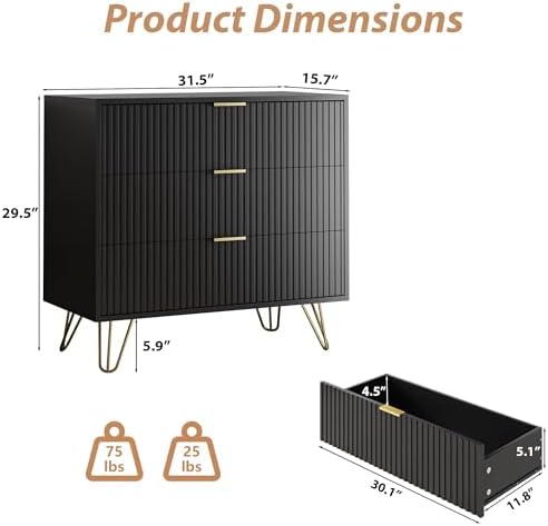 Black 3 Drawer Dresser for Bedroom, Fluted Dresser with Gold metal Handles