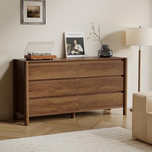HOUROM Walnut Dresser for Bedroom,47"Wide 6 Drawer Mid Century Modern Chest
