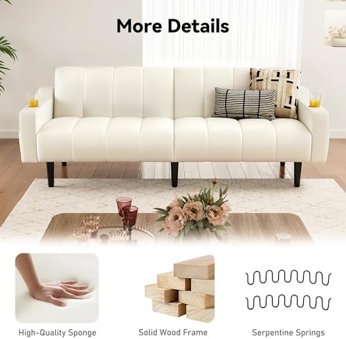 Brelice 80'' Leather Couch, Futon Sofa Bed, Faux Leather Couch with A...