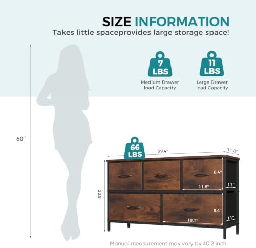 OLIXIS 5 Drawer Dresser for Bedroom, Wide Fabric Storage Tower, Brown