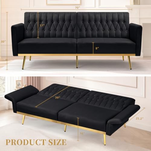 70” Velvet Futon Sofa Bed w/Adjustable Armrests, Black