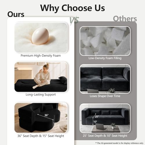 78" Futon Sofa Bed, Full Size Boneless Corduroy Couch Bed (Black)