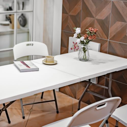 Folding Table 6ft, Heavy Duty Plastic Fold-in-Half Utility Table, White