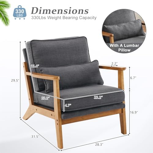 VINGLI Solid Wood Wide Armrests Accent Chair,Upholstered Mid Century Modern C...