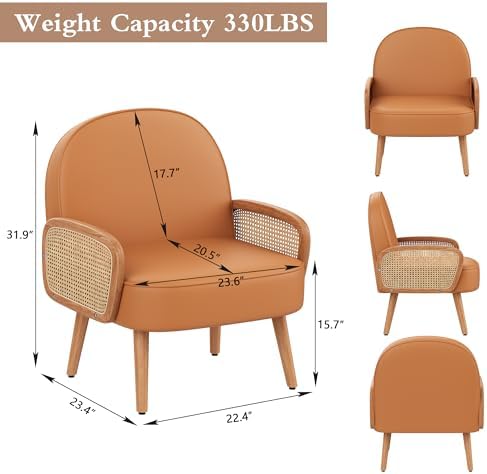 Aklaus Mid Century Modern Accent Chair Set of 2 Armchair with Rattan Arms Uph...