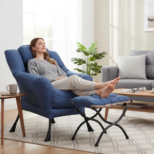 Welnow Lazy Chair with Ottoman, Reading Chair with Footrest,Royal Blue
