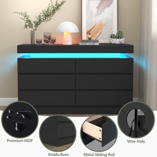 Gyfimoie 6 Drawer Dresser with Power Outlet, Dresser with LED Light