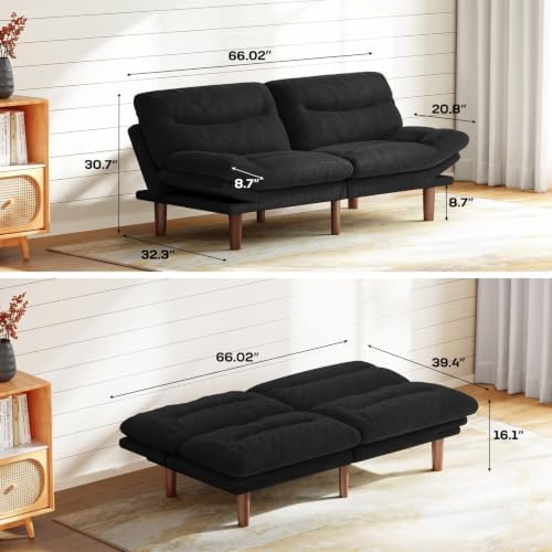 Marsail 66.02" Futon Sofa Bed, Small Convertible Sleeper Couch, Jet Black