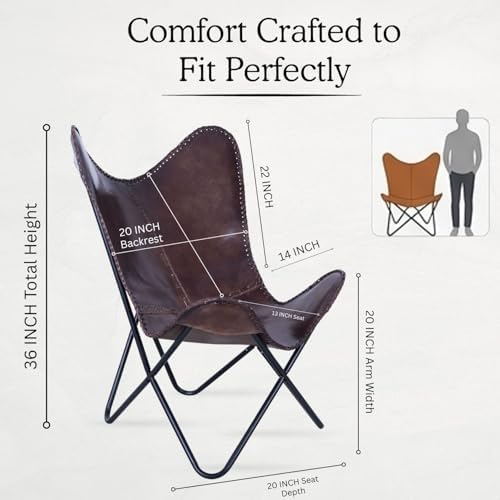 Vintage Brown Leather & Arm Butterfly Chair | Genuine Tan Leather Butterf...
