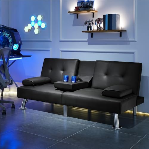 Yaheetech Convertible Futon Sofa Bed Loveseat with Cup Holder, Black