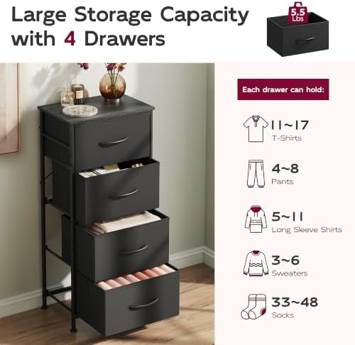 WLIVE Small Dresser Nightstand for Bedroom, 4 Drawers, Charcoal Black