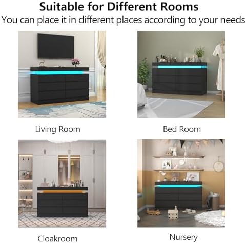Gyfimoie 6 Drawer Dresser with Power Outlet, Dresser with LED Light