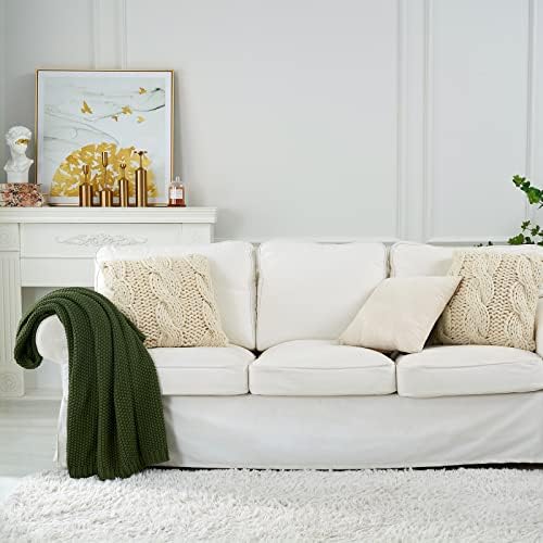 Longhui bedding Chunky Cable Knit Throw Blanket Lightweight Olive Green 100% ...