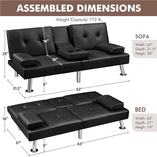Yaheetech Convertible Futon Sofa Bed Loveseat with Cup Holder, Black