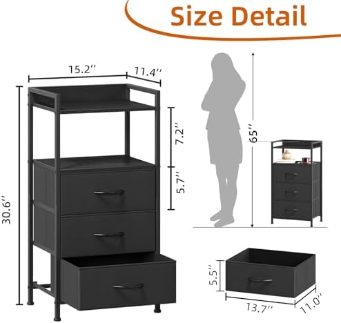 Somdot Nightstand with 3 Drawers, Fabric Dresser for Bedroom Bedside Table