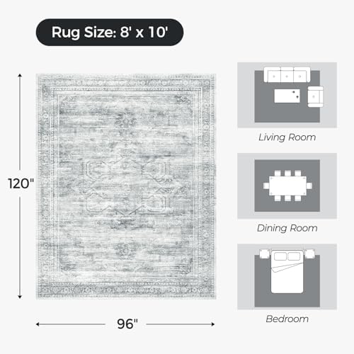 8x10 Area Rugs for Living Room, Washable Vintage Rug, Grey White