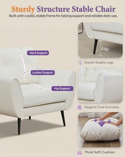 White Faux Leather Accent Chairs Set of 2, Tufted Armchairs for Living Room