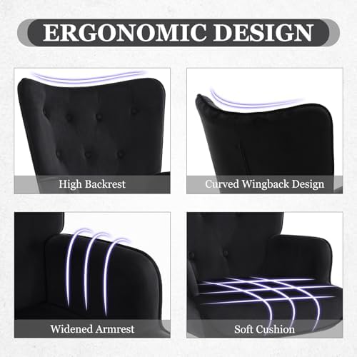 Furnimart Black Velvet Accent Chair Mid Century Modern Living Room Chairs; Co...