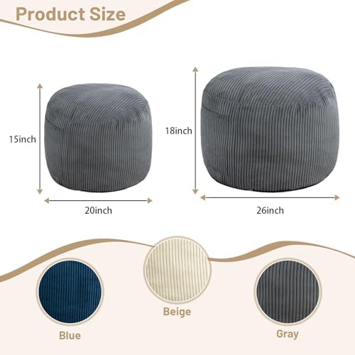 Round Stuffed Pouf Ottoman (Gray, 26" D x 26" W x 18" H)