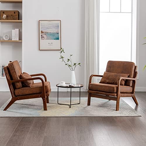 Mid Century Modern Accent Chair Set of 2 Living Room- Comfy Solid Wood Arm Ch...