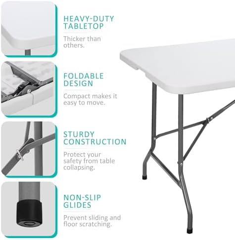 SUPER DEAL 6FT Folding Table for Indoor Outdoor, Portable Heavy Duty Fold-in-...