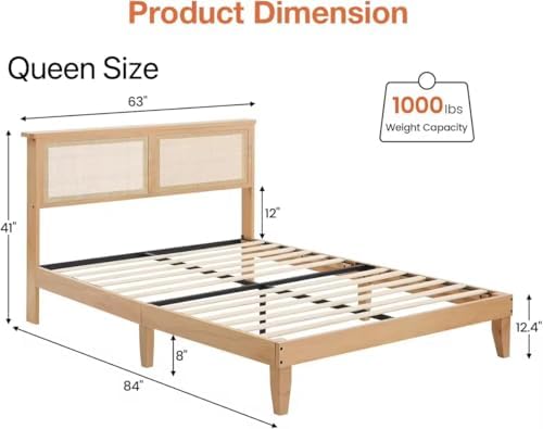 coucheta Bohemian Queen Rattan Bed LED Natural Headboard Bedroom