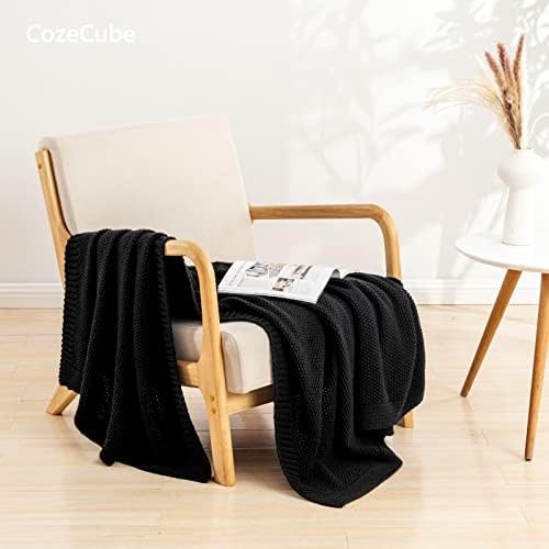 CozeCube Jet Black Seed Stitch Throw Blanket 50"x60", Farmhouse Decor