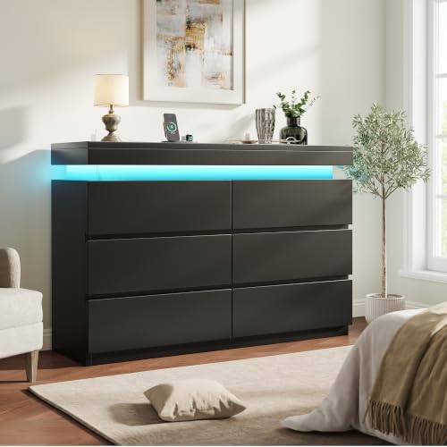 6 Drawer Dresser with LED Lights and Charging Station, Modern Black Dresser