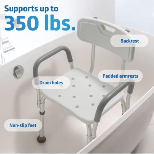 Medline Shower Chair with Backrest and Padded Armrests - 350 lb. capacity, Ba...