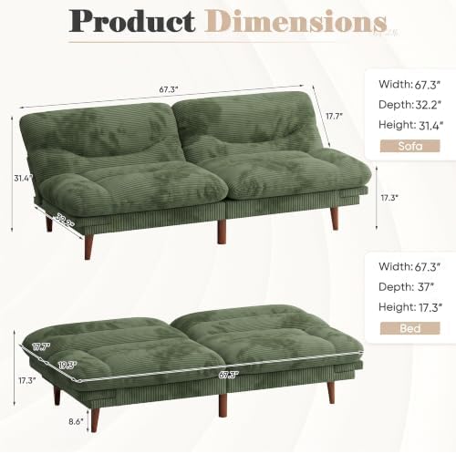 Homall 67'' Convertible Futon Sofa Bed, Modern Corduroy Loveseat, Olive