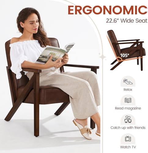 Yaheetech Mid-Century Modern Accent Chair, Lounge Chair, Dark Brown | Faux Le...
