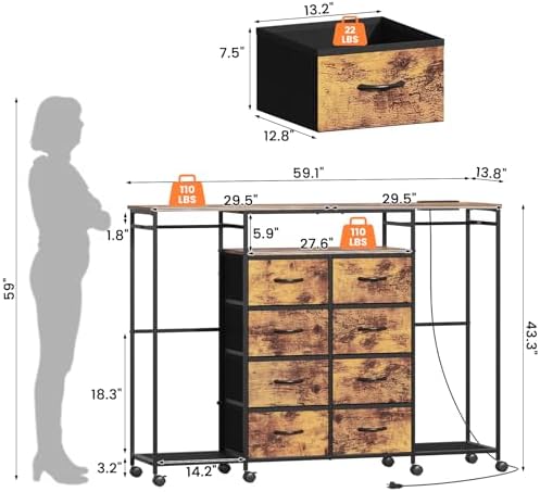59.1" W Dresser for Bedroom with Hanging Rack, 8 Drawer Dresser with LED...