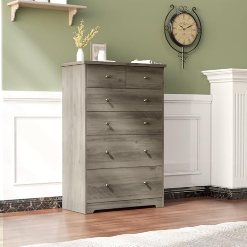 VINGLI Tall Dresser, Rustic Grey Dresser 6 Drawer Chest of Drawers, Wood Gray...