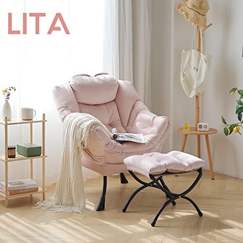 LITA Lazy Chair with Ottoman, Comfy Accent Reading Chair, Velvet Pink