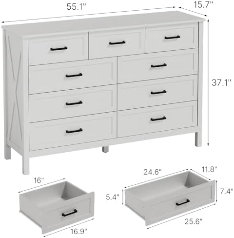 LYNSOM Farmhouse 9 Drawer Dresser for Bedroom, 55 Inch Wide Wood Rustic Chest...