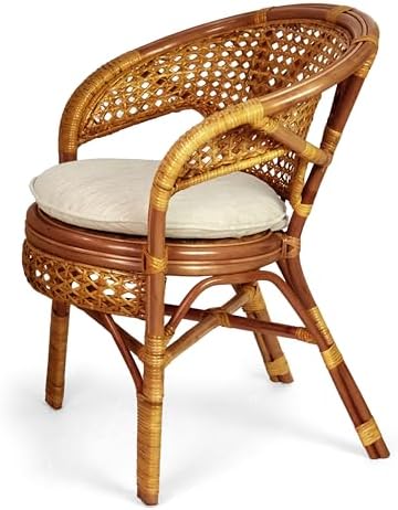 Pelangi Handmade Rattan Dining Wicker Chair Colonial Color w/Cream Cushion