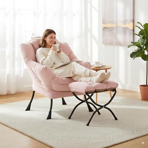 LITA Lazy Chair with Ottoman, Comfy Accent Reading Chair, Velvet Pink