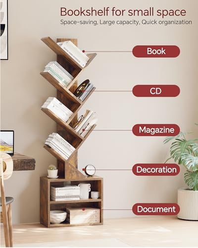 SUNMORY 6 Tier Tree Bookshelf, Small Bookcase with Storage Cabinet, Modern Ta...