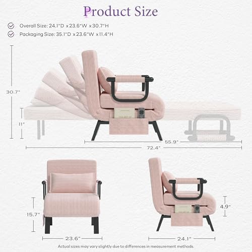 TYBOATLE Sleep Chair, Folding Sleeper Chairs for Adults (Pink)