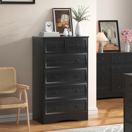 VVFLU 48'' Tall Black Dresser with 6 Drawers Chest of Drawers for Bed...